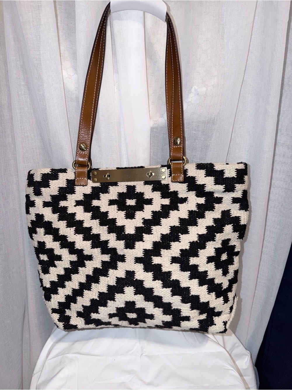 Patricia Nash Black & Cream Geometric Tote with Brown Leather Handles